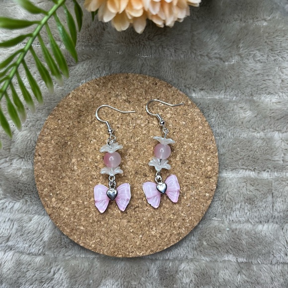 Pink Bow Flower Earrings - Picture 1 of 3